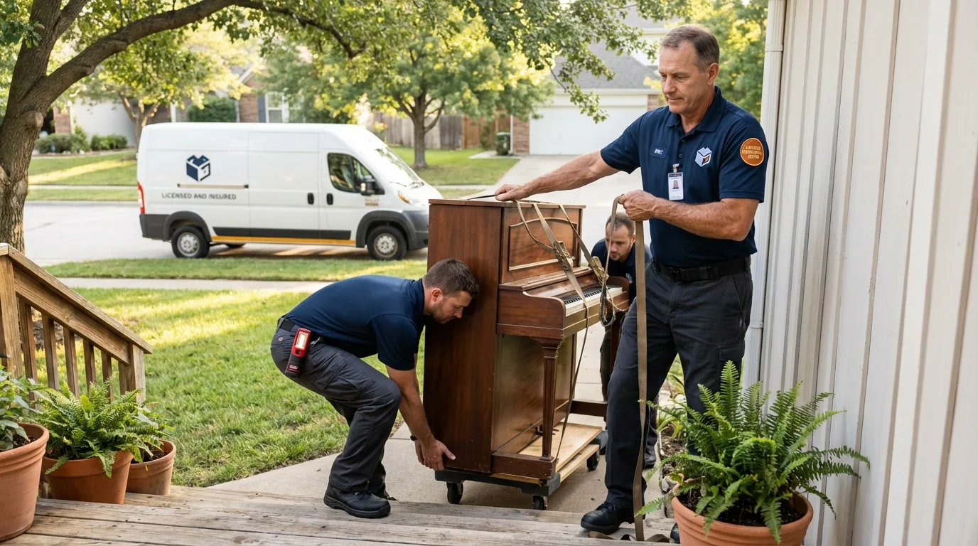 Licensed piano movers securing grand piano in Green Cove Springs, FL
