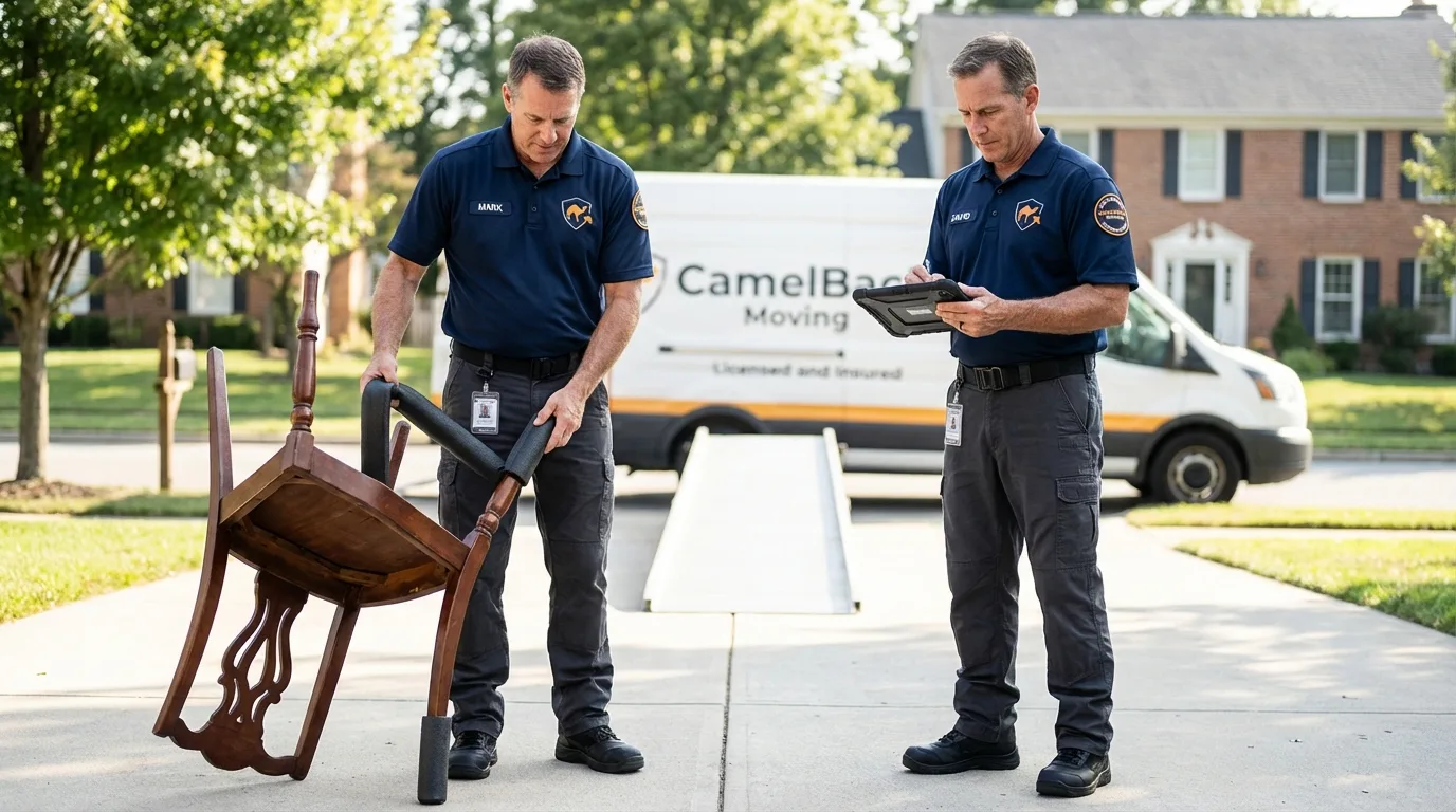 Movers inspecting furniture for damage prevention before loading in Green Cove Springs, FL