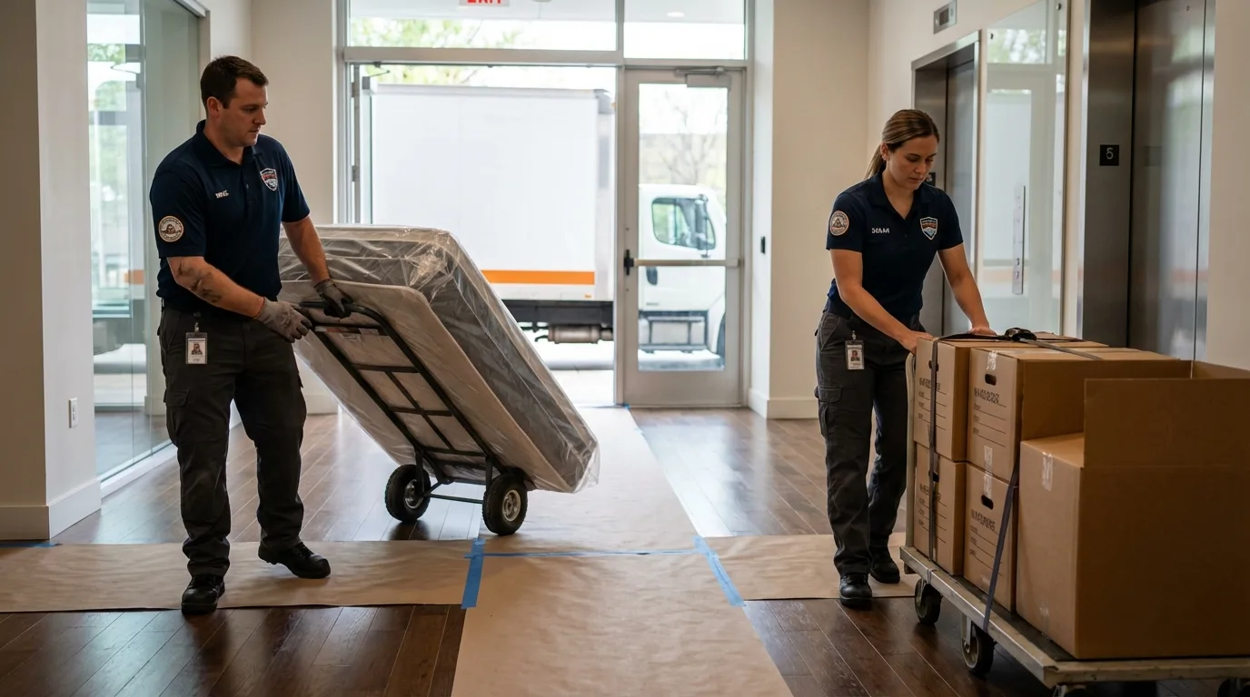 Professional apartment movers loading elevator in Green Cove Springs, FL