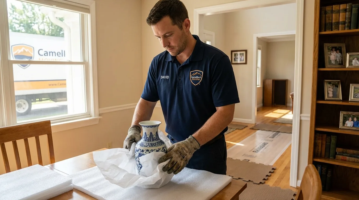 Professional crew carefully wrapping antique vase for senior downsizing move in Green Cove Springs, FL